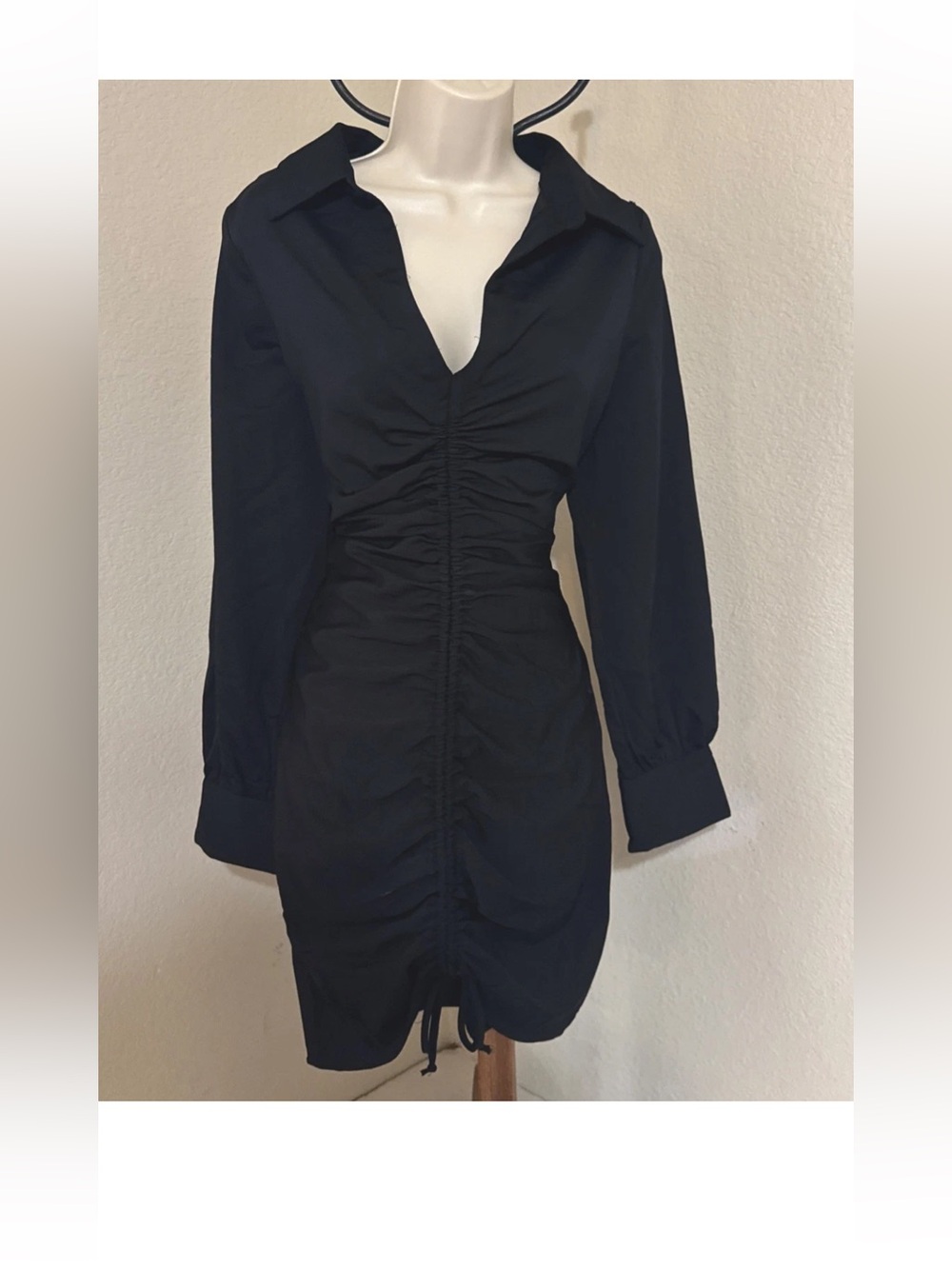 Black Ruched Long Sleeve Deep V Mini Dress — Drawstring Front — Bodycon